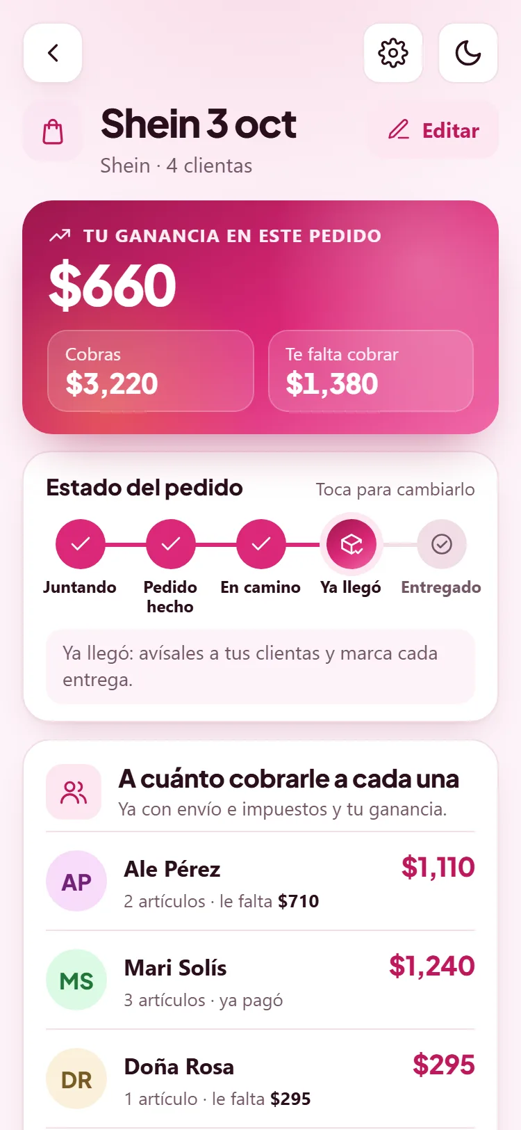 Pantalla de Pedidos al Día